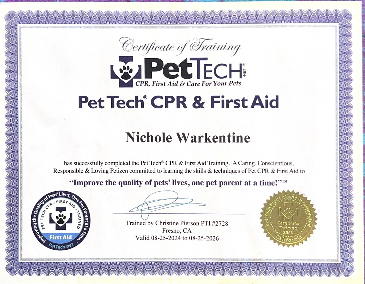PetTech CPR and First Aid certificate for Nichole Warkentine